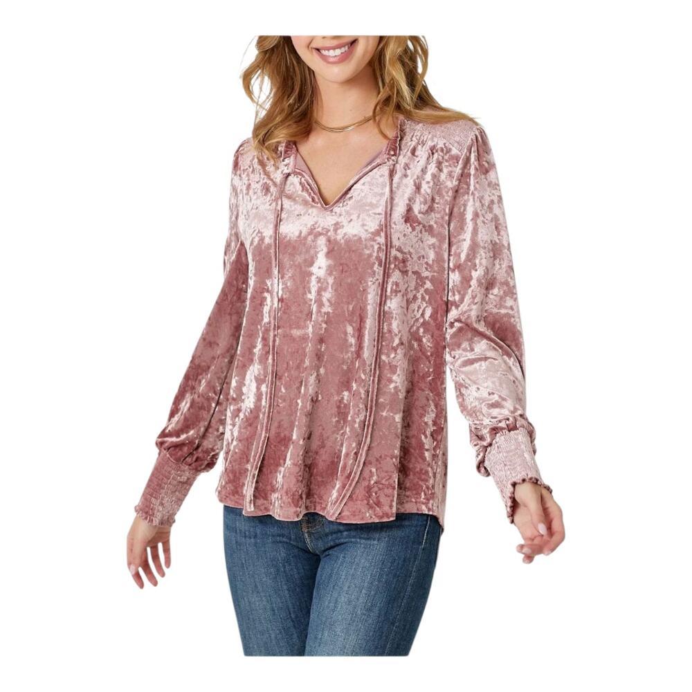 Mystree Crushed Velvet Smocked Women's size‎ Medium Casual Career Peasant Top